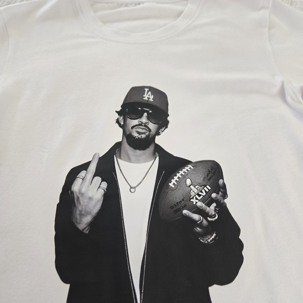 Graphic White Crewneck T-Shirt with B/W Photo Print - Bad Bunny Superbowl Theme